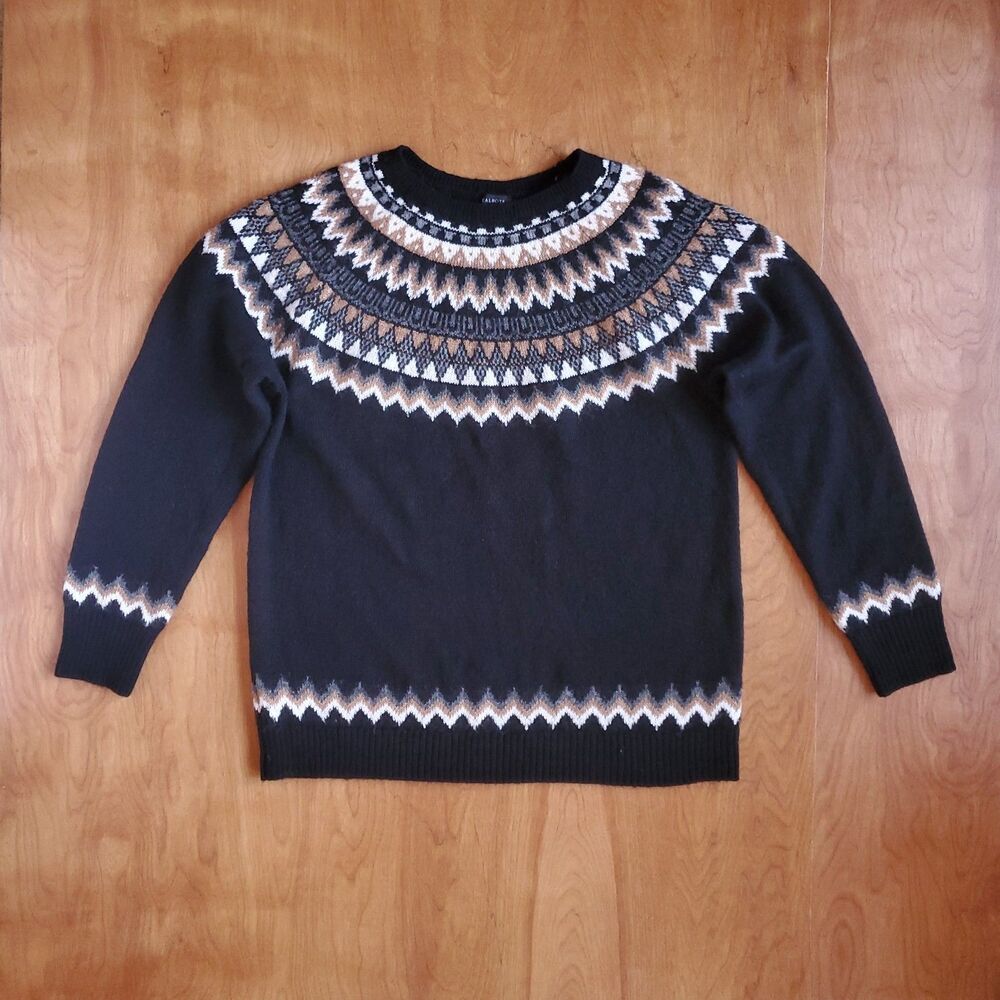 Talbots Fair Isle Yoke Sweater Sz L Pullover Crew Neck Black White Tan Nordic